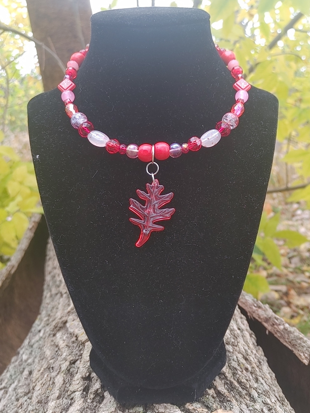 Red Beaded Oak Leaf Pendant Necklace - Women Jewelry